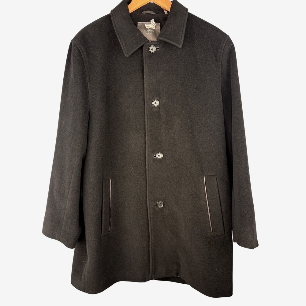 Cole Haan Mens Wool Cashmere Blend Car Coat Black‎ Lambskin Trim Size L Warm - Picture 13 of 13